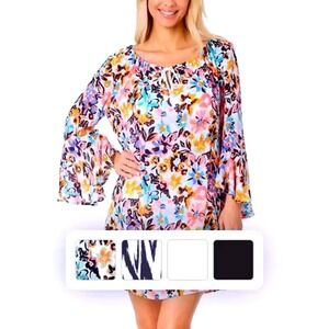 Anne Cole Floral‎ Print Coverup Dress V-Neck Tie Front  Sz M/L / #6106